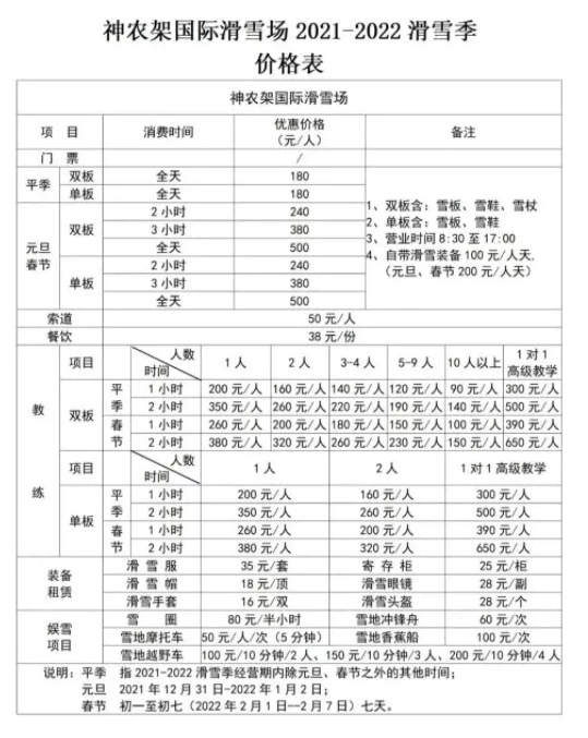 2021-2022神農(nóng)架國際滑雪場票價及消費價格表