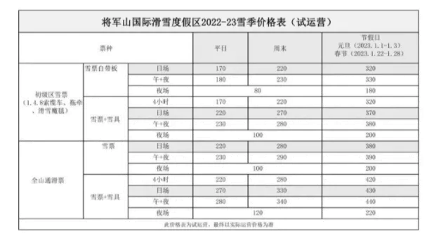 2022-2023新疆將軍山滑雪場門票多少錢